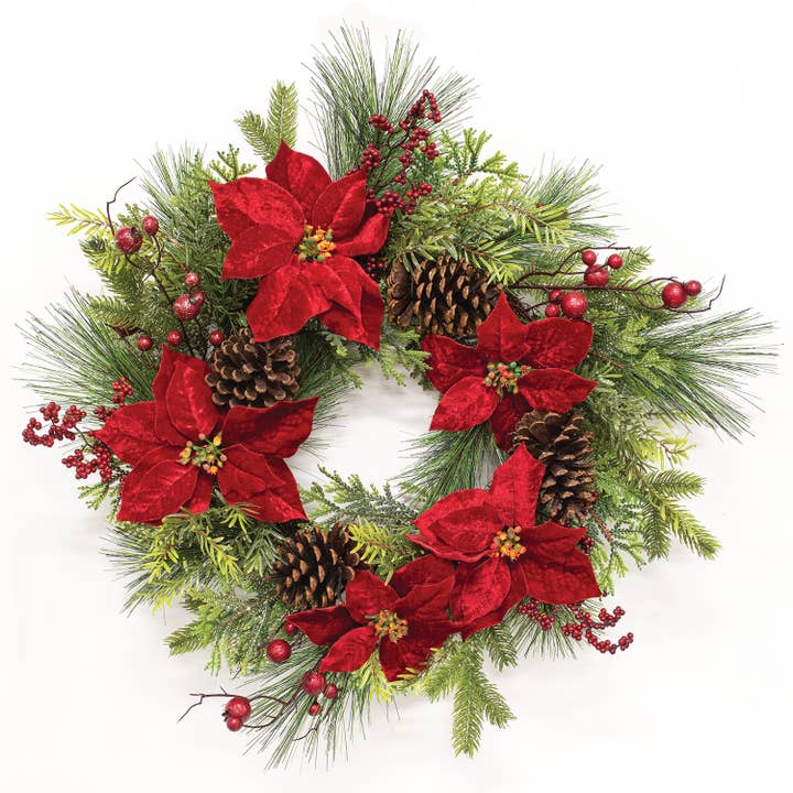 Saybrook Lane – wholesale Wreath – Winter Party Poinsettia & Pine Wreath, 24"