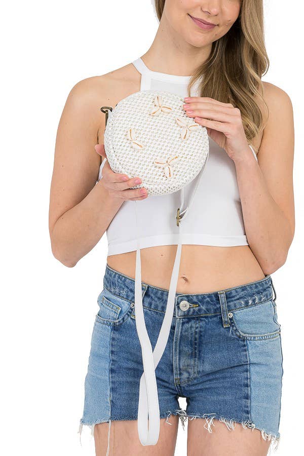 Cap Zone - Vendita all'ingrosso Borsa a tracolla - Donna - Borsa in vimini circolare all'uncinetto in paglia decorata con conchiglie4