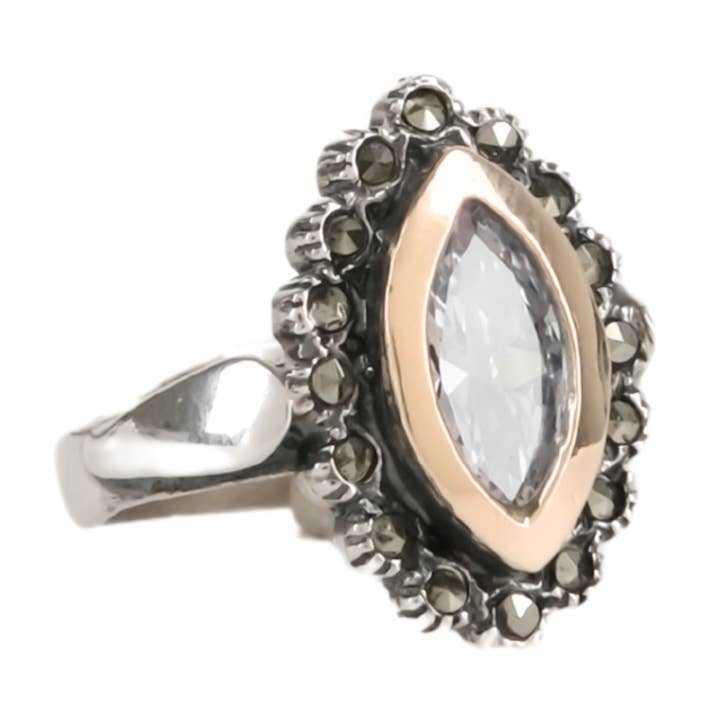 Anel Navete com Marcassites em Prata e Ouro por atacado de PORTUGAL JEWELS