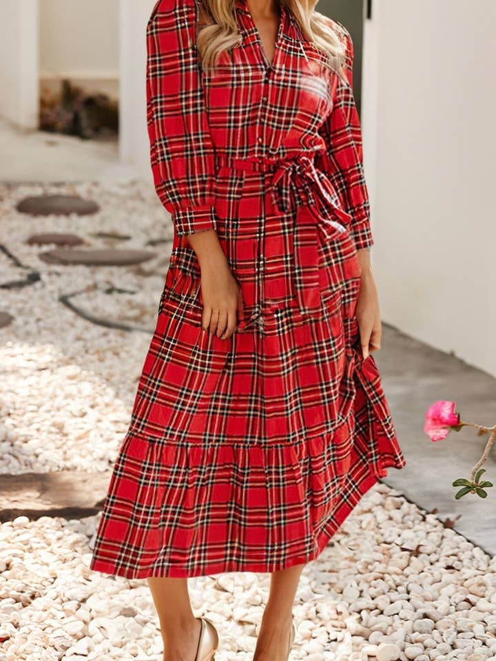 LDC Plaid V Neck 3/4 Sleeve Tie Waist Ruffle Hem Midi Dress for wholesale by Little Daisy Closet