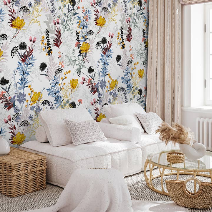 Papier peint de pépinière florale japonaise, fresque botanique colorée pour la vente par SimurgWallArts