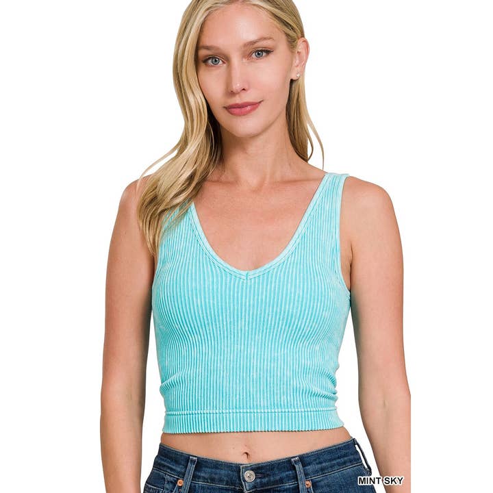 Apolline - Wholesale Tank Top - Women's - WASHED RIBBED CROPPED BRA PADDED V-NECK TANK TOP ZENANA