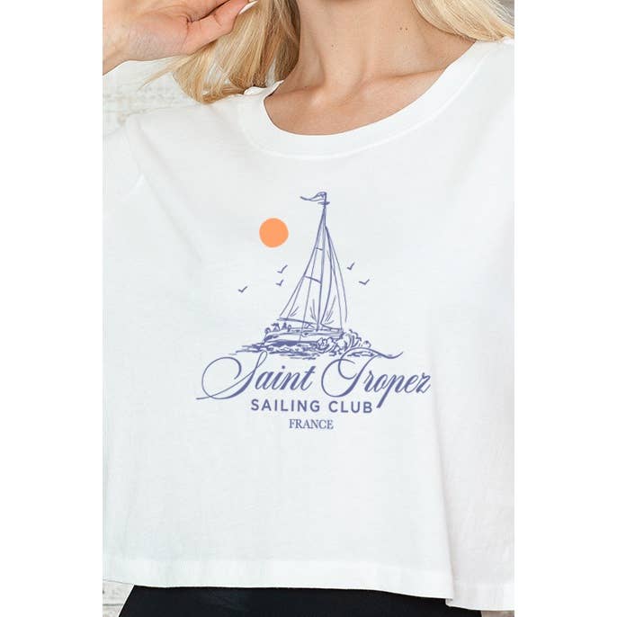 MINEB – wholesale Screen printed t-shirt – Women′s – SAINT TROPEZ SAILING CLUB CROP TEE1