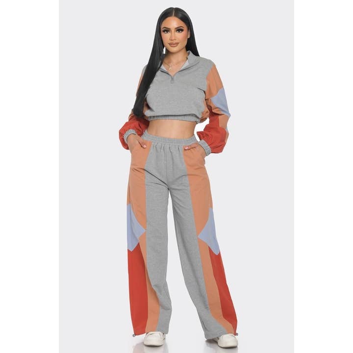 Esmeray Clothing - Wholesale Lounge Set - Women's - 80s Inspired Color Block Zip-Up Sweatsuit Set
