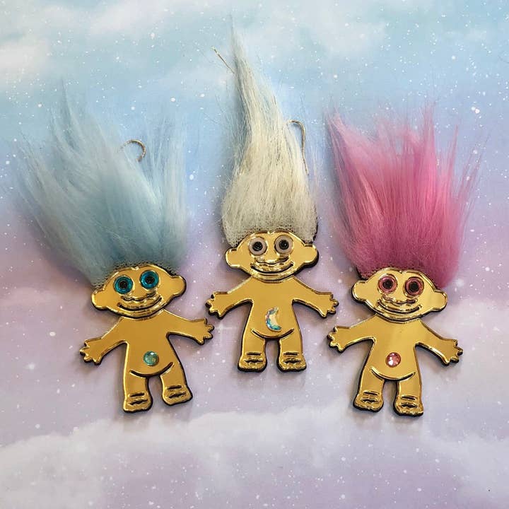 I'm Your Present - Wholesale Dangle Earrings - Furry Treasure Troll, Pink, White Or Blue, Acrylic Laser Cut Earrings, Plastic Jewelry