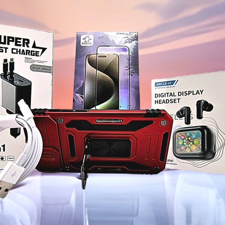 iPhone 13 Rugged Case Red with 6ft Charging Cord, Car Charger, Screen Protector, and Earbuds – Complete Protection and Accessory Set for wholesale by Wittbizz Snacks