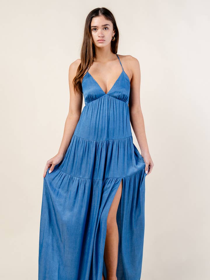 BD12453S / DENIM RELAX FIT SNØREBÅND I TALJEN MAXIKJOLE MED SNØREBÅND BAGTIL for engroshandel hos BEIVY & COLLABO