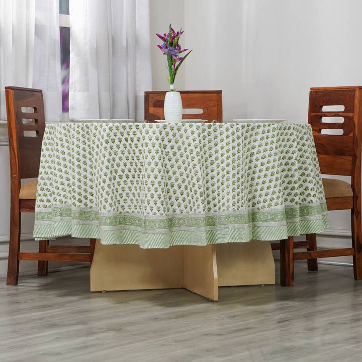 Emerald Green Block Printed 100% Cotton Round Tablecloth for wholesale by Cotton Print Club