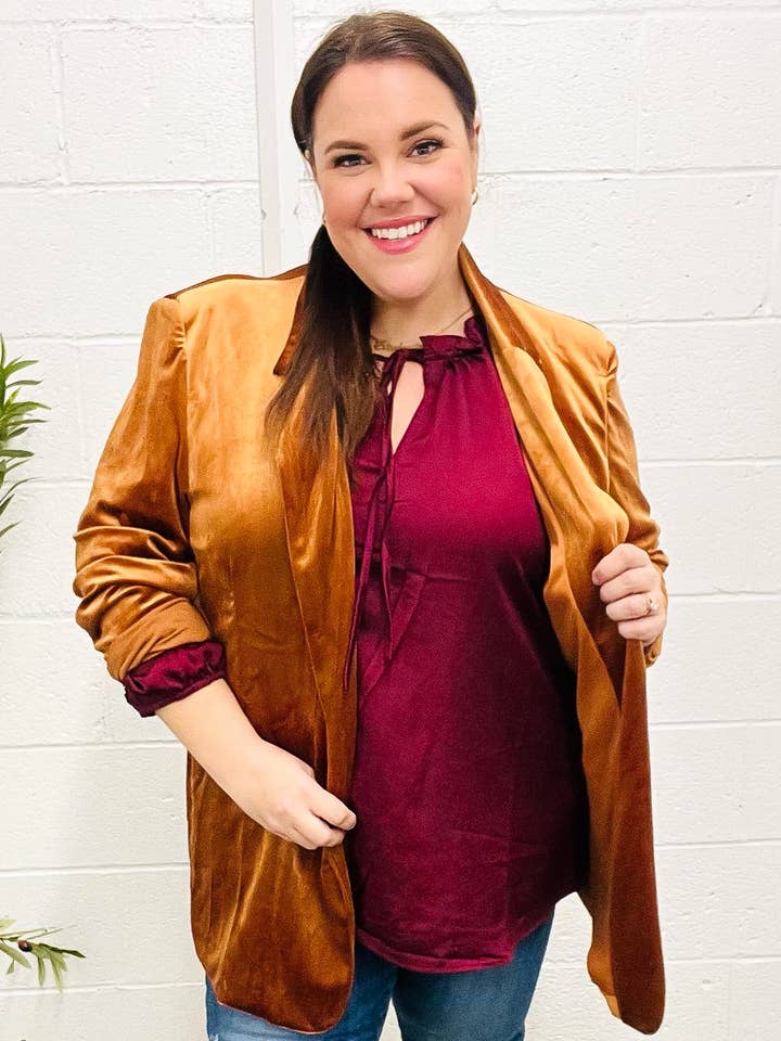 Holiday Stunner Rust Velvet Lapel Blazer (Open Pack) for wholesale by Promenade