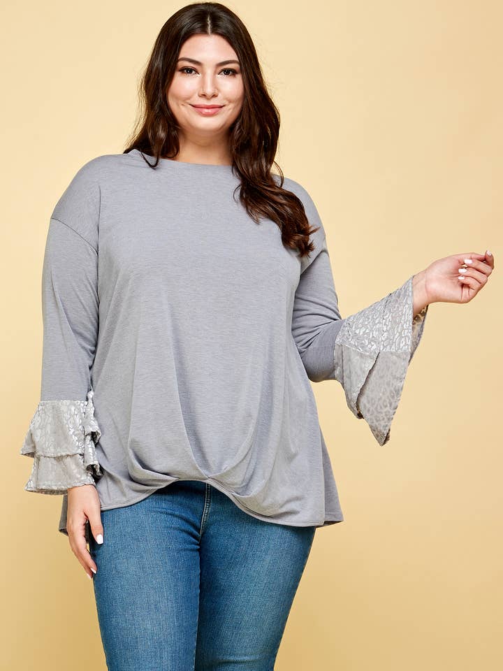 ETK-8589-PL Top ricurvo con orlo arricciato e maniche in rete di velluto per la vendita all'ingrosso da parte di Emerald Collection