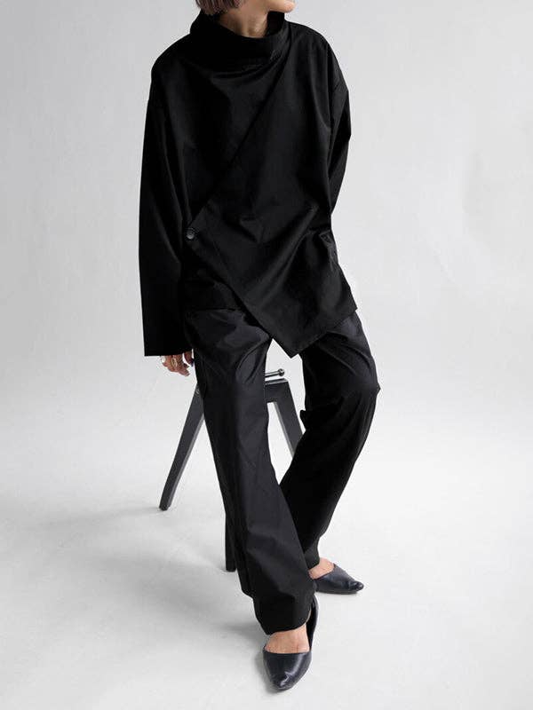 Plush Looks - Wholesale Tunic - Women's - Long Sleeves Loose Solid Color High Neck T-Shirts Tops12