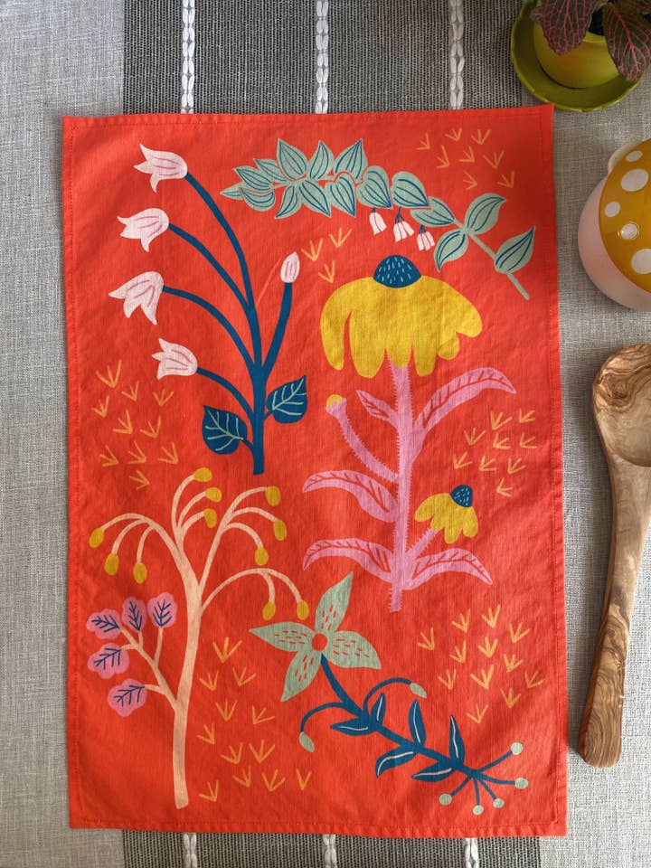 Coral Red Wildflowers Linen Cotton Handmade Tea Towel for wholesale by Dream Folk Studio