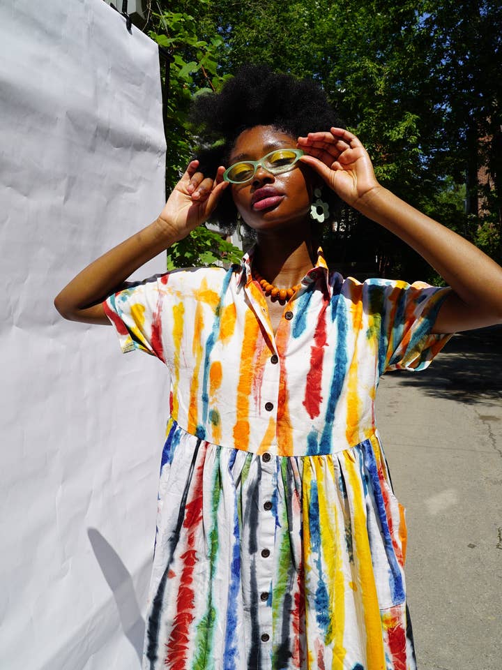 HAND-PAINTED TIE DYE COLORFUL SHIRT DRESS | HANDMADE BRUSH STROKES BATIK CASUAL DRESS for wholesale by BATIK BOUTIK