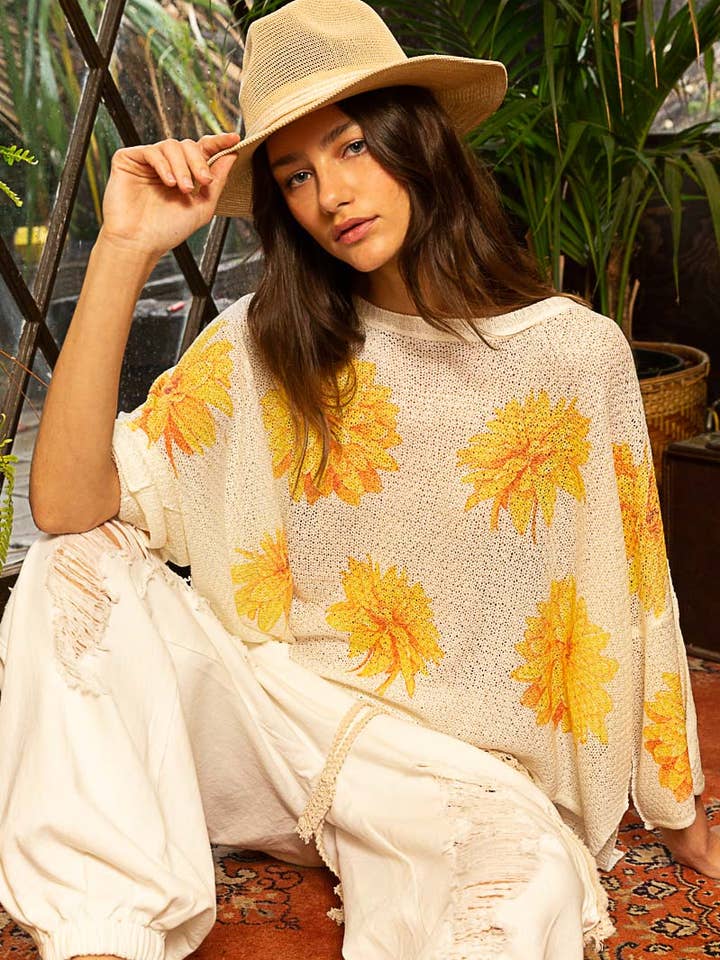 Pol Clothing - Wholesale Knit Sweater - Women's - Round neck flower print solid light weight sweater