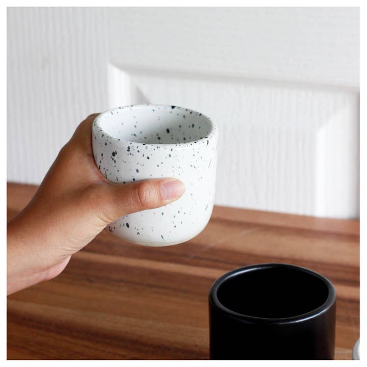Ceramic Sipper Cup, 8 oz Glossy White Glaze with Speckled for wholesale by Roro