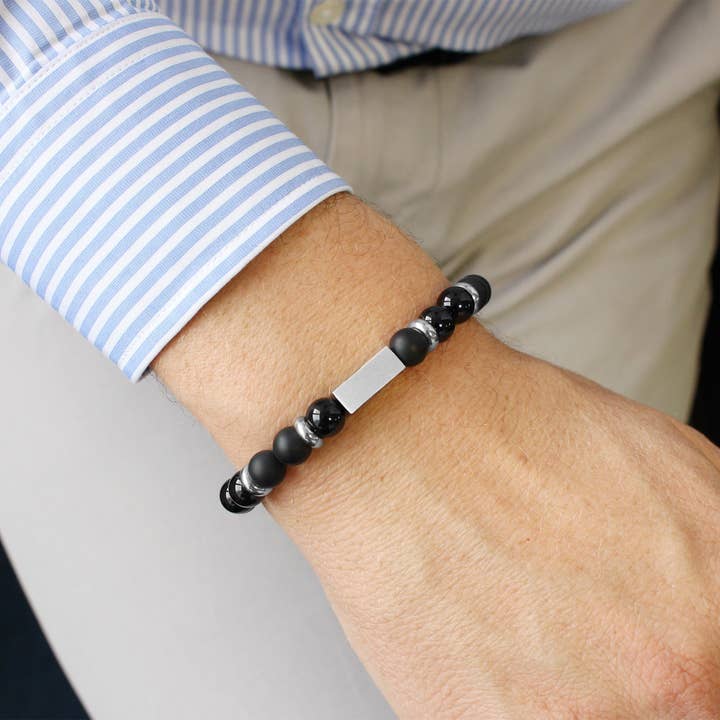 Petits Trésors - Wholesale Beaded Bracelet - Black Agate Beads Bracelet Engraving My Dad