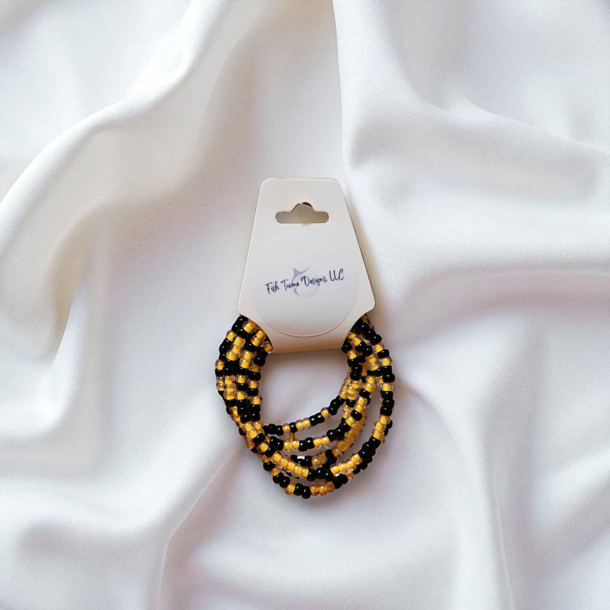 Fish Towne Designs, LLC - Wholesale Beaded Bracelet - Black & Gold Beaded Game Day Seed Bead Bracelet Stack9