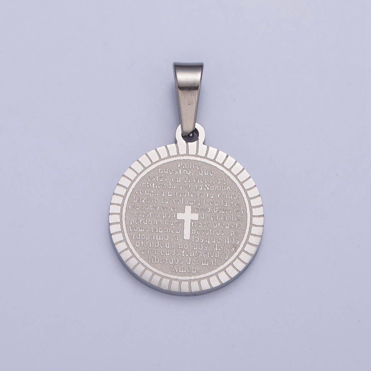Aim Eternal - Wholesale Individual Charm/Pendant - Stainless Steel Round Medallion, The Lord's Prayer in Spanish, Religious Cross in Silver & Gold  I-439 I-4441