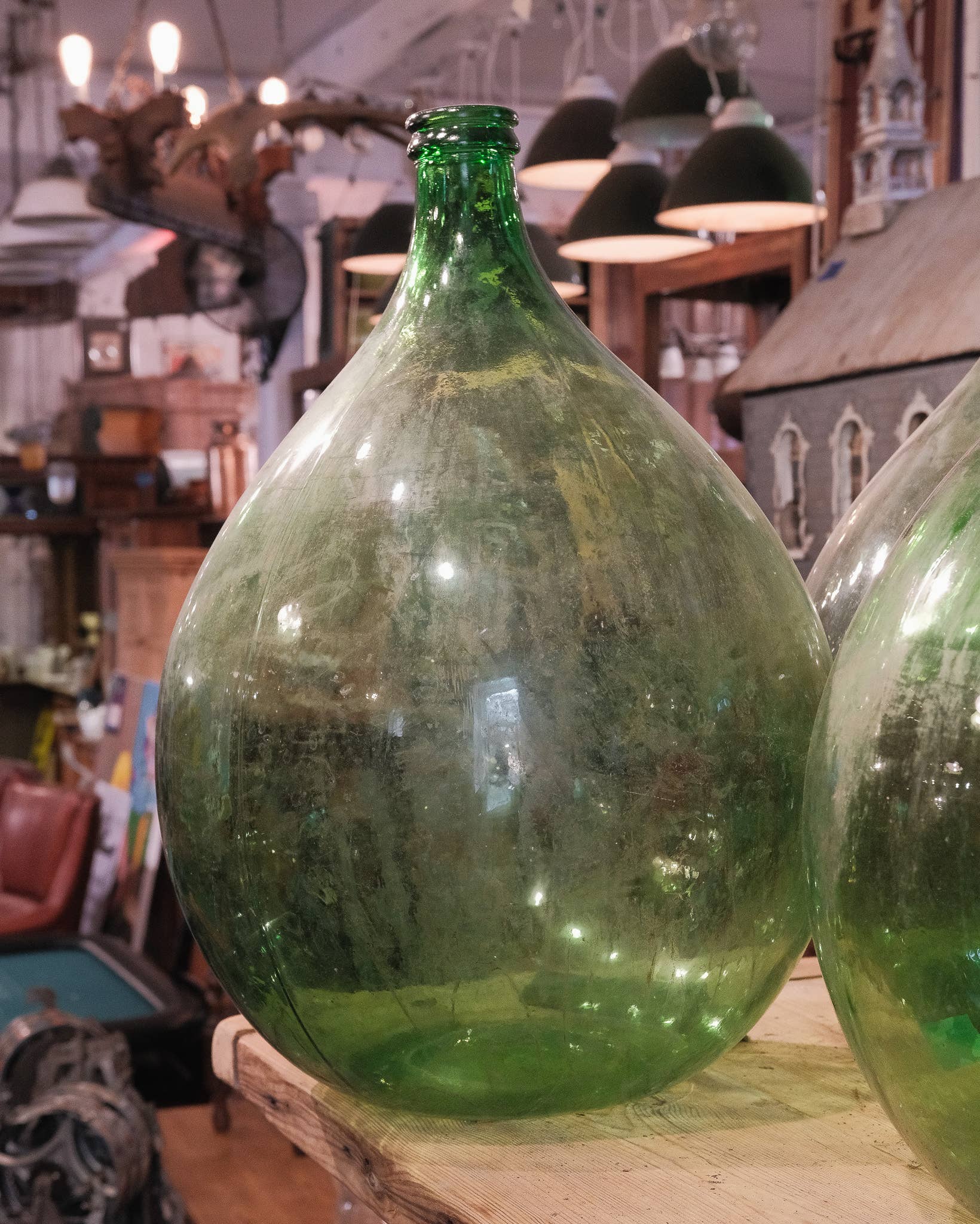 Golden Oldies Antiques - Wholesale Decorative Tabletop Object - Oversized Green Glass Demijohn Bottle5