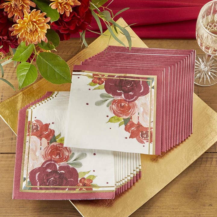 Kate Aspen - Wholesale Disposable Napkin - Burgundy Blush Floral 2 Ply Paper Napkins (Set of 30)