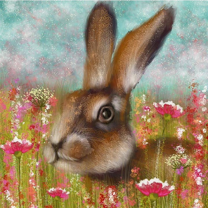 Greeting Card Brown Hare in Pink Flowers for wholesale by Natural Partners Limited