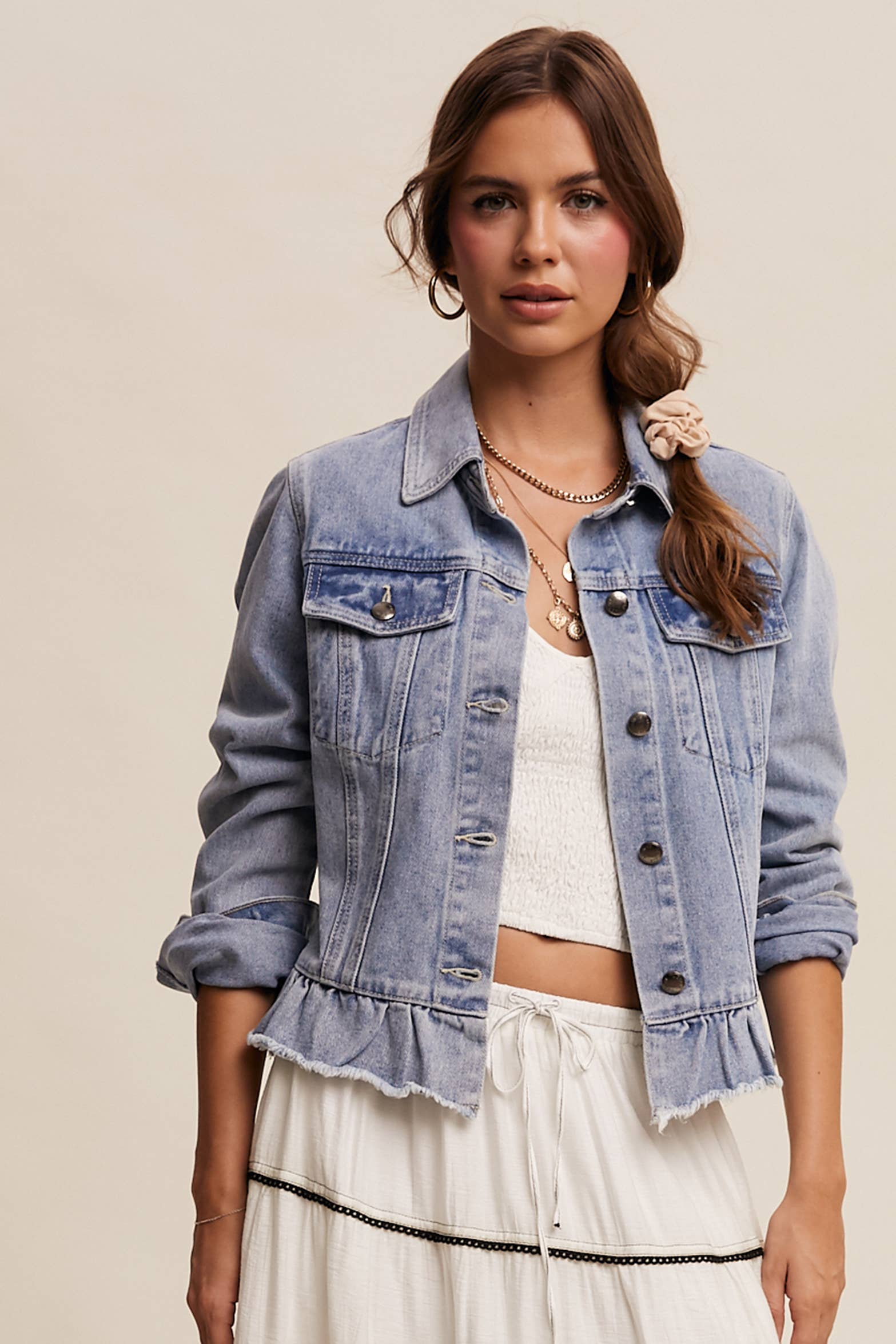 Listicle - Wholesale Denim Jacket - Women's - Ruffled Hem Denim Jacket LJ02363