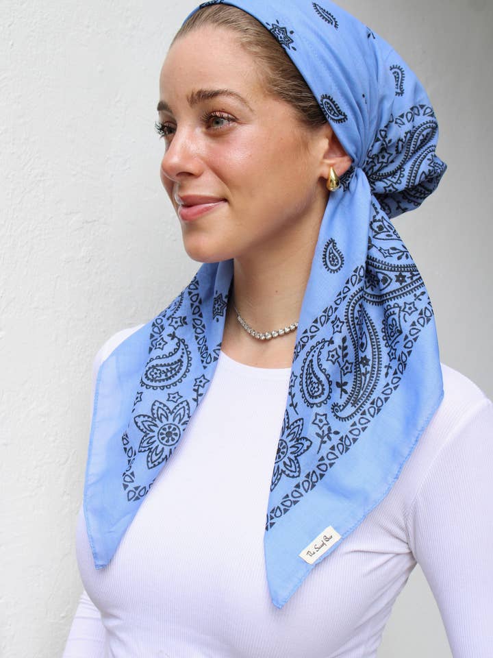 SHORT CLASSIC PRETIED Paisley Dusty Blue Head Scarf (WITH VELVET GRIP) for wholesale by The Scarf Bar