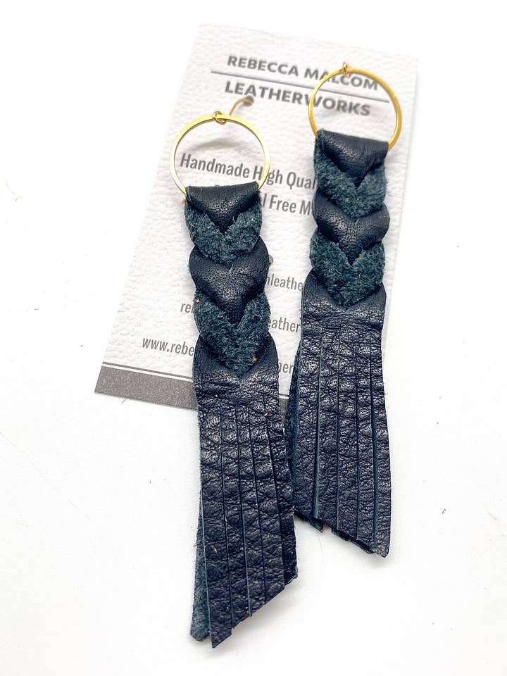 Handmade Black Leather Braid Earrings: Modern Knot Design for wholesale by Rebecca Malcom LeatherWorks