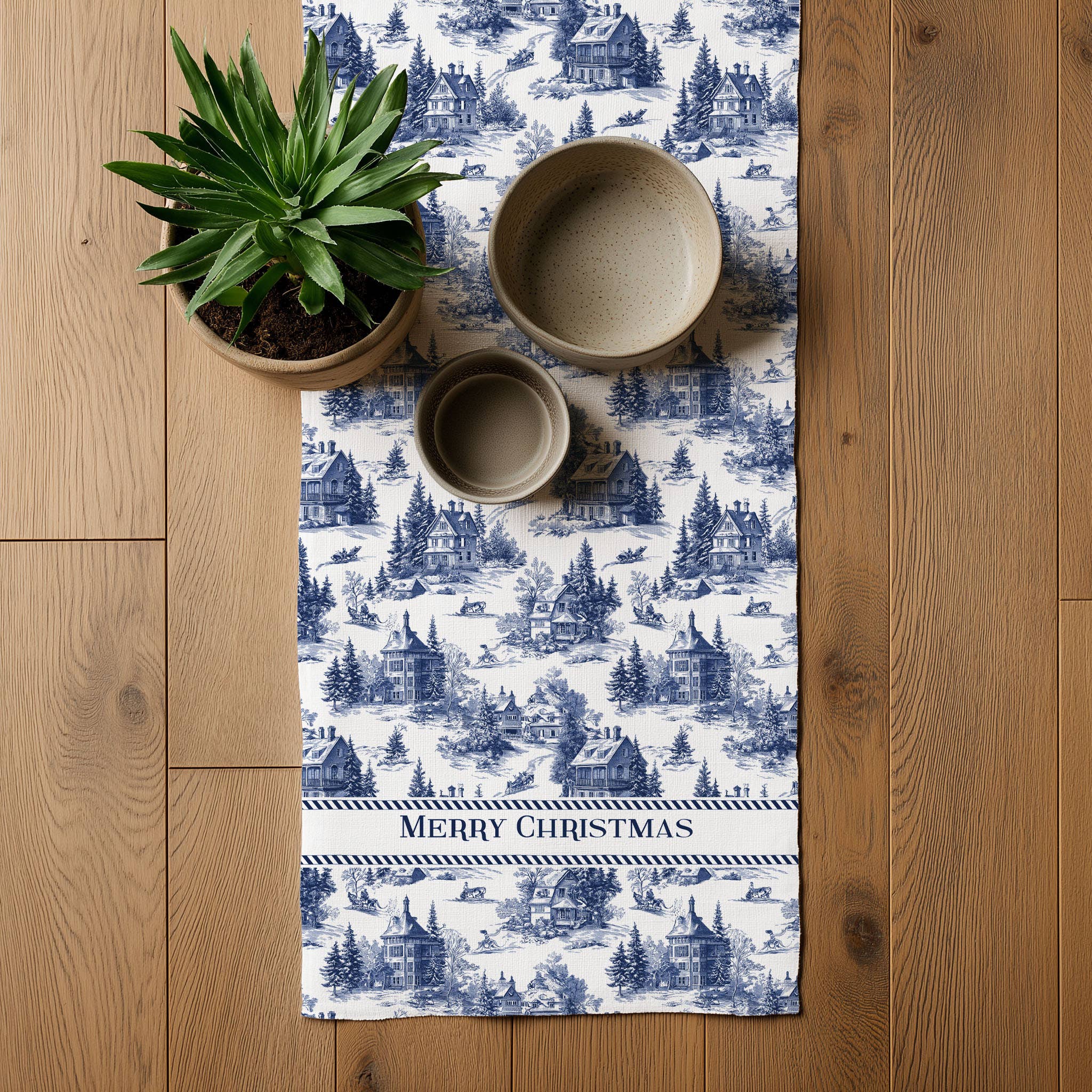 NorraVilla – wholesale Table runner – 100% Linen Runner Merry Christmas Toile de jouy Country2