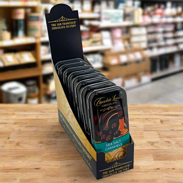 The San Francisco Chocolate Factory - Wholesale Chocolate Covered Sweets - Caramel Tin - Sea Salt Caramels in Dark Chocolate2