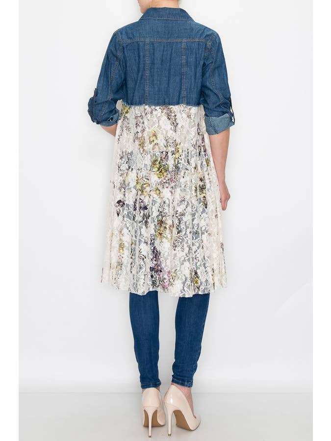 CROPPED DENIM JACKET WITH LACE LAYER-4510 DENIM/YR FL for wholesale on Faire1