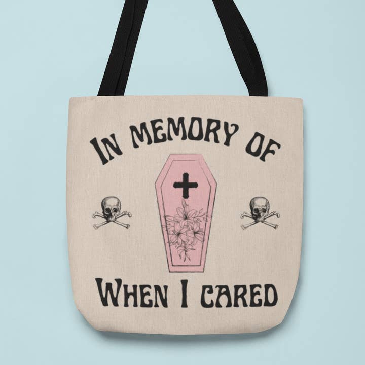 In Memory of When I Cared Natural/Black Canvas Tote Bag for wholesale by Hudson + Wilder