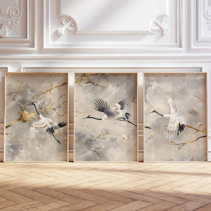 Japanese Crane Flight Triptych – Minimal Japandi Wall Decor for wholesale by IuliiaArtPrints