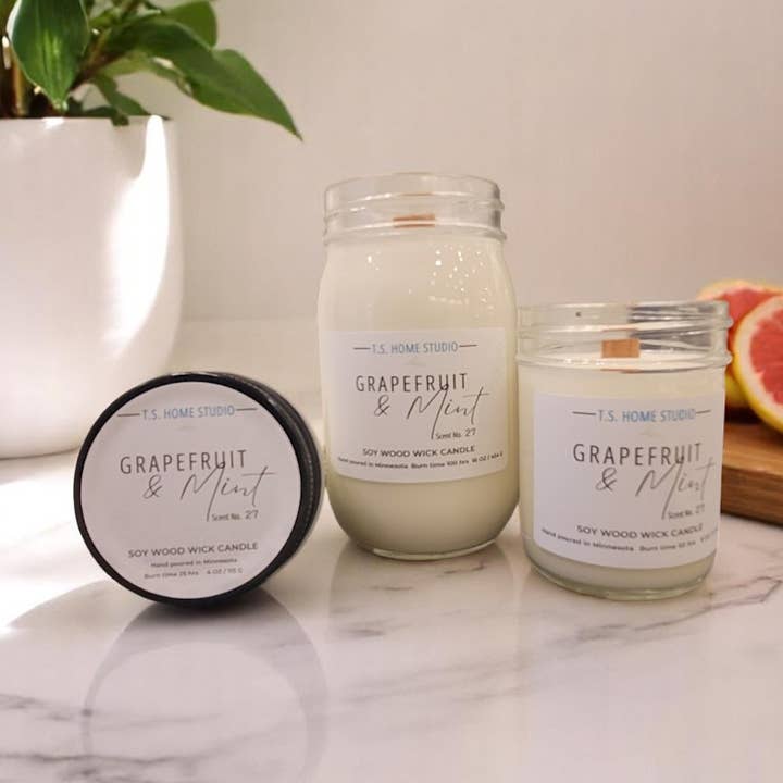 Grapefrugt & Mynte Soja Trævæk Glaslys i Mason Jar for engroshandel hos T.S. Home Studio