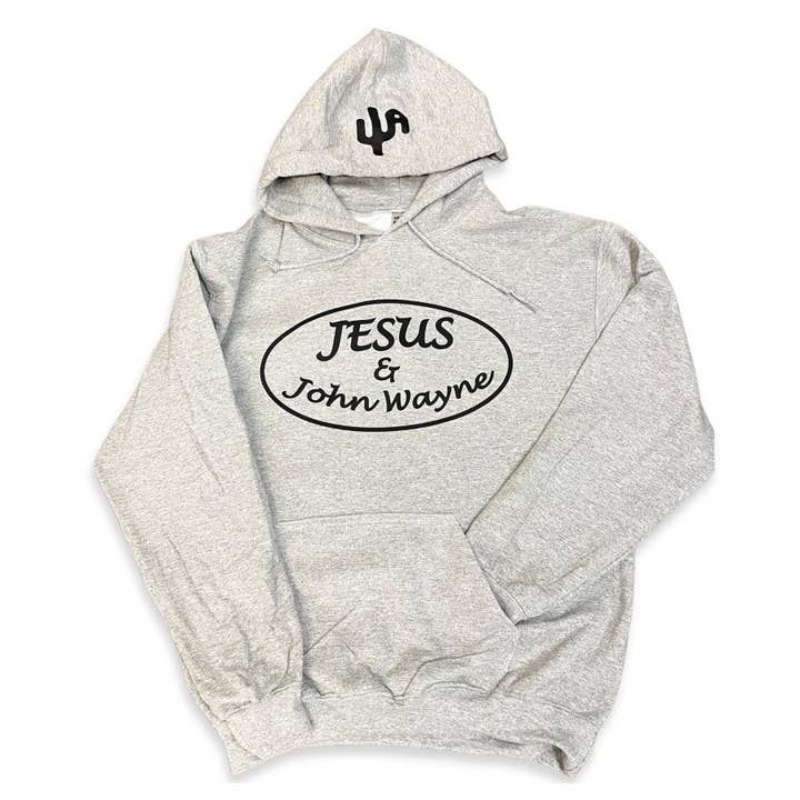 Jesus & John Wayne Sportgrå Hoodie för Vuxna för wholesale av Cactus Alley Hat Co.