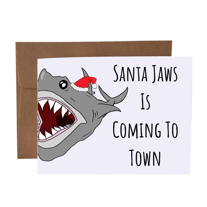 Santa Jaws Is Coming To Town | Christmas Pun Greeting Card for wholesale by SKP ink