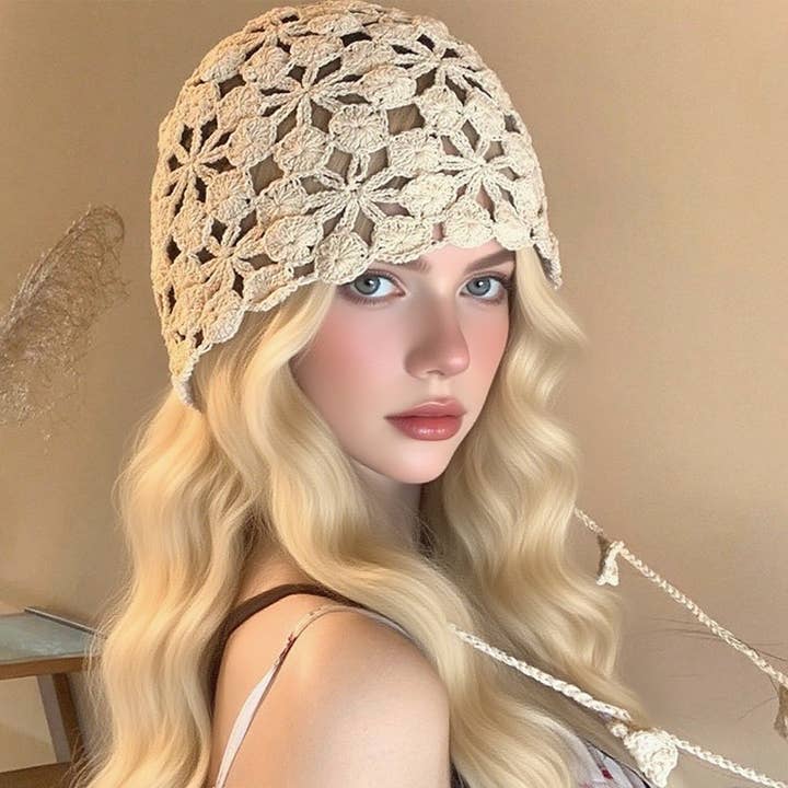 ACCITY - Wholesale Beanie - Women's - Boho Crochet Beanie – Floral Tassel Knit Hat_CWAH04324