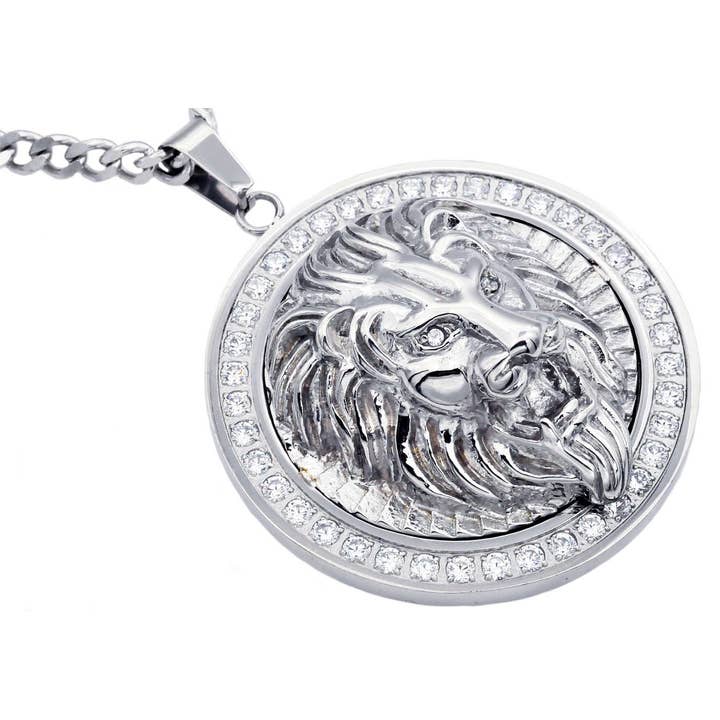 Men's Stainless Steel Lion Pendant With Cubic Zirconia for wholesale by Blackjack Mens Jewelry