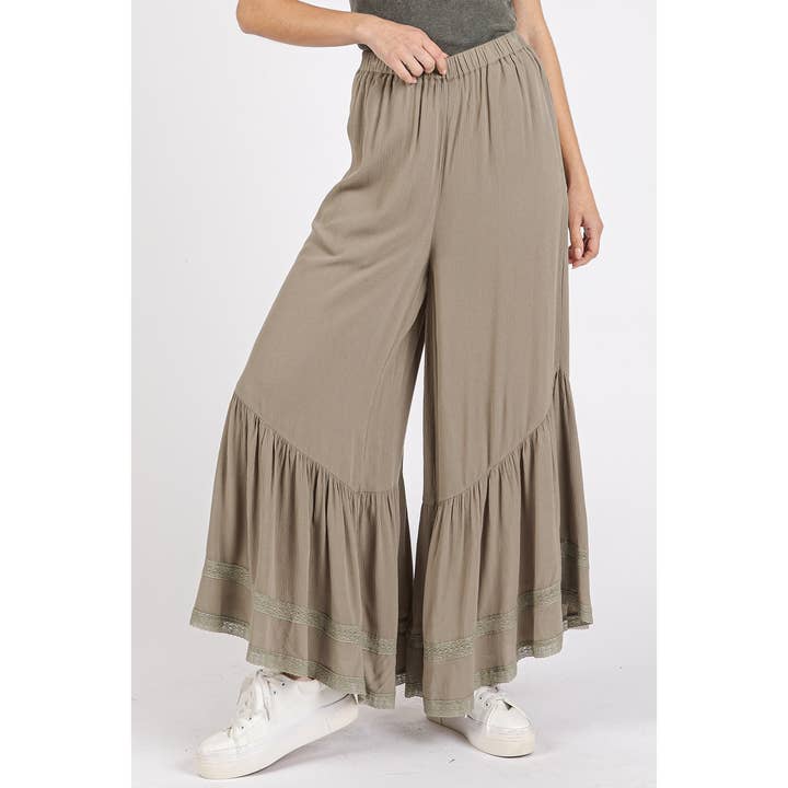 mittoshop - Wholesale Pants - Women's - LACE RUFFLE TIER ASYMMETRIC HEM WIDE LEG PANTS