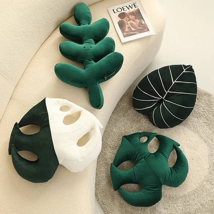 Velvet Green Monstera Shaped Pillow for wholesale on Faire2