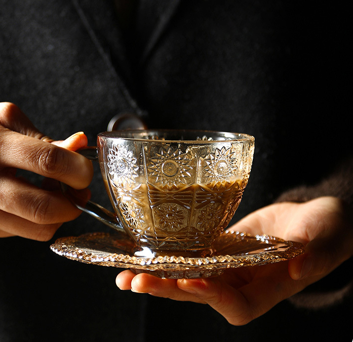 Our Dining Table - Wholesale Coffee/Tea Cup - Vintage Style Glass Cappuccino Cup with Saucer Set3