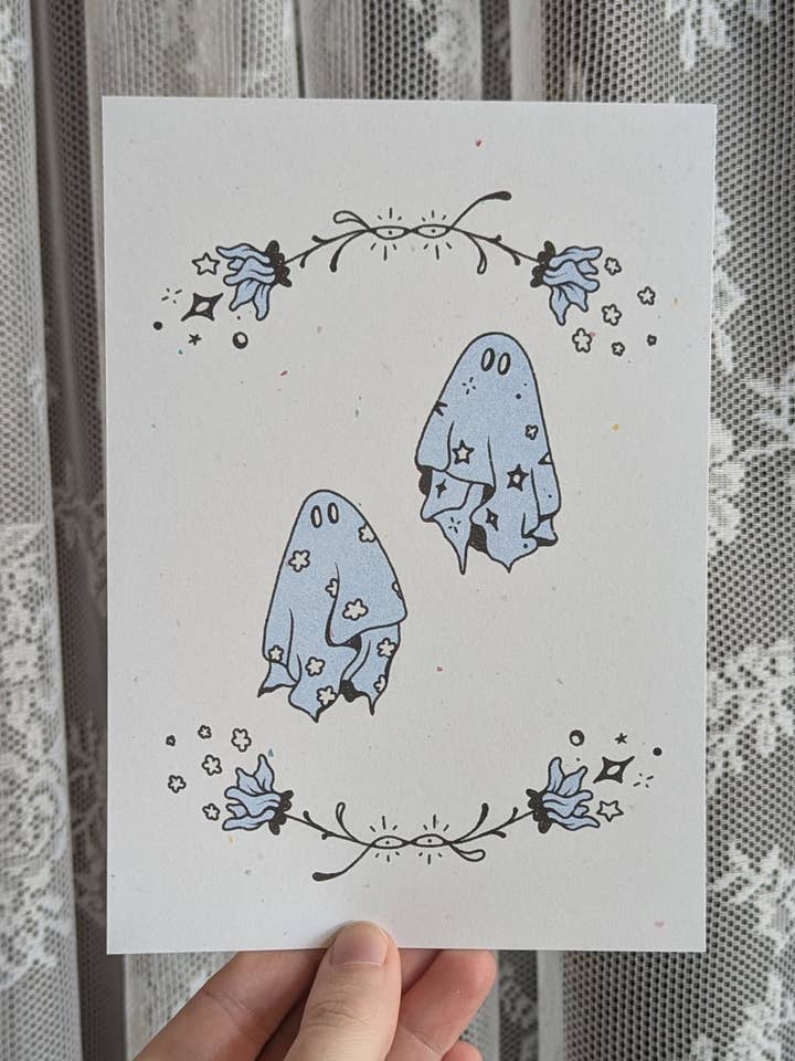 fancy ghosts riso print for wholesale by Sonny Honey Press