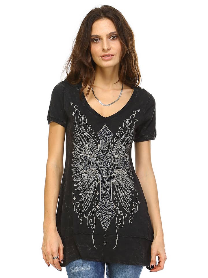 Scollo a V manica corta squalo morso svasato tunica top per la vendita all'ingrosso da parte di Urban X Apparel