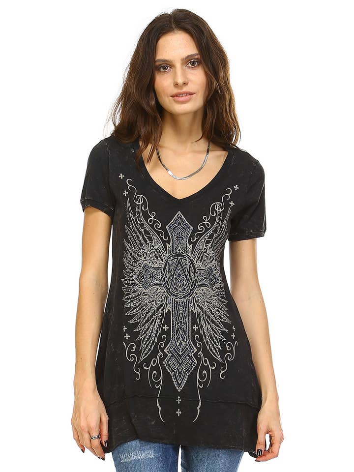 Kurzärmliges Tunika-Top mit V-Ausschnitt und Shark Bite für den Großhandel von Urban X Apparel