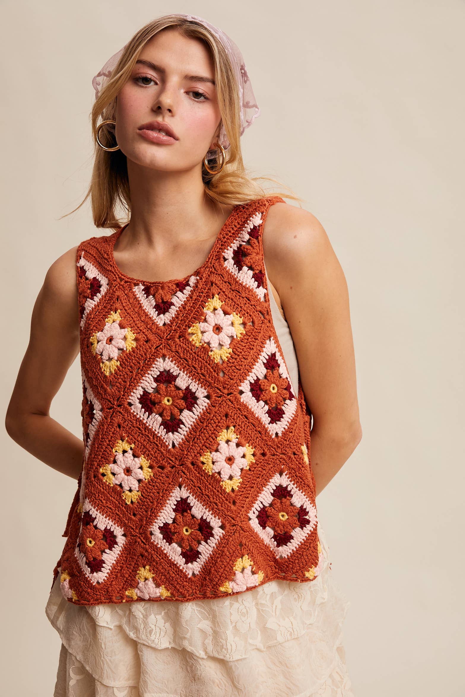 Listicle - Wholesale Sweater Vest - Women's - Crochet Granny Square Tassel Tie Vest LSW100629