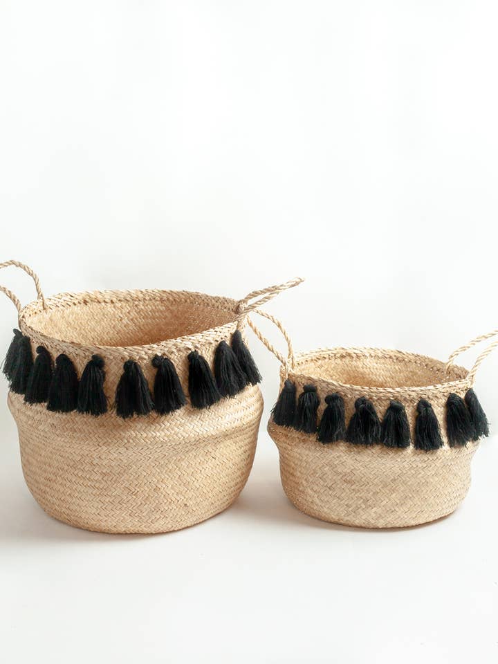 Black Tasseled Belly Baskets for wholesale by Creative Women