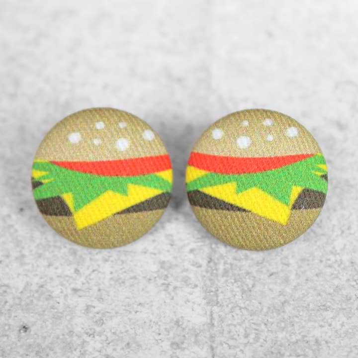 Bold 7/8 Inch Hamburger Fabric Button Earrings for wholesale by Rachel O's