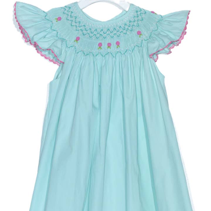 Vestido Turquesa Geo com Fumê e Rosas de Manga Asa de Anjo por atacado de Hello Bebes!