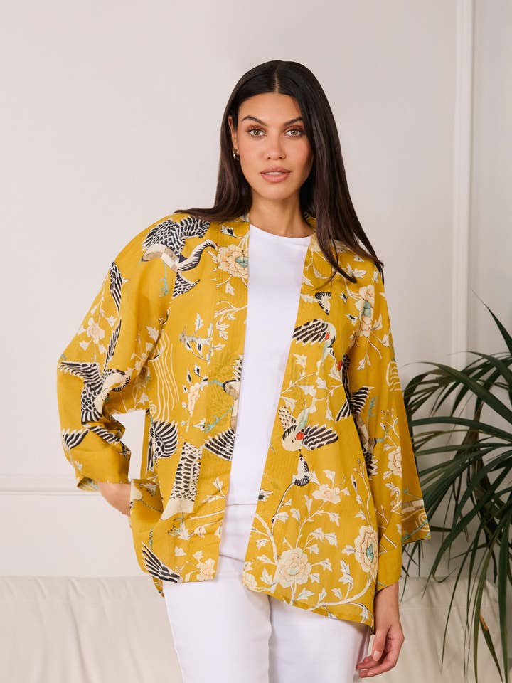 Mustard Dynastic Bird Print Light Weight Kimono for wholesale by Artemis Muse