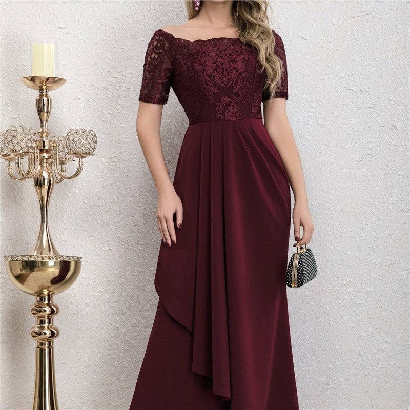 FurDecoration - Vente Robe de soirée – femme - Robe formelle à manches longues et patchwork en dentelle2